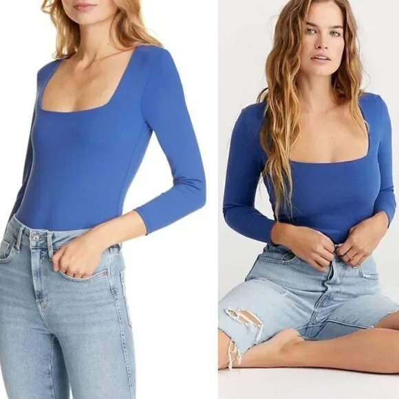 🔆 FREE PEOPLE 🔆 'Truth or Square' Long Sleeve Bodysuit - [Small in Blue] - Picture 4 of 16